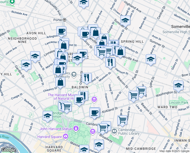 map of restaurants, bars, coffee shops, grocery stores, and more near 3 Howland Street in Cambridge
