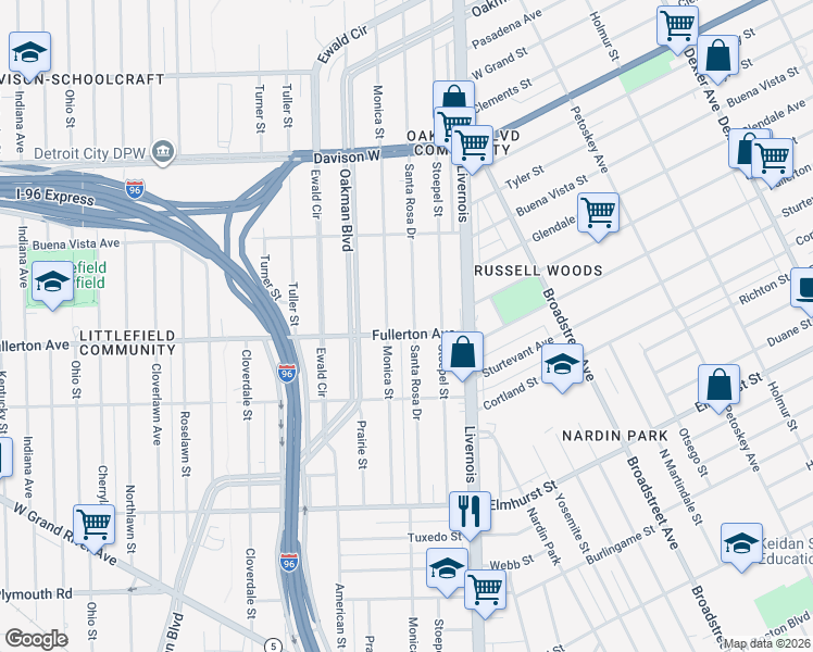 map of restaurants, bars, coffee shops, grocery stores, and more near 12420 Monica Street in Detroit
