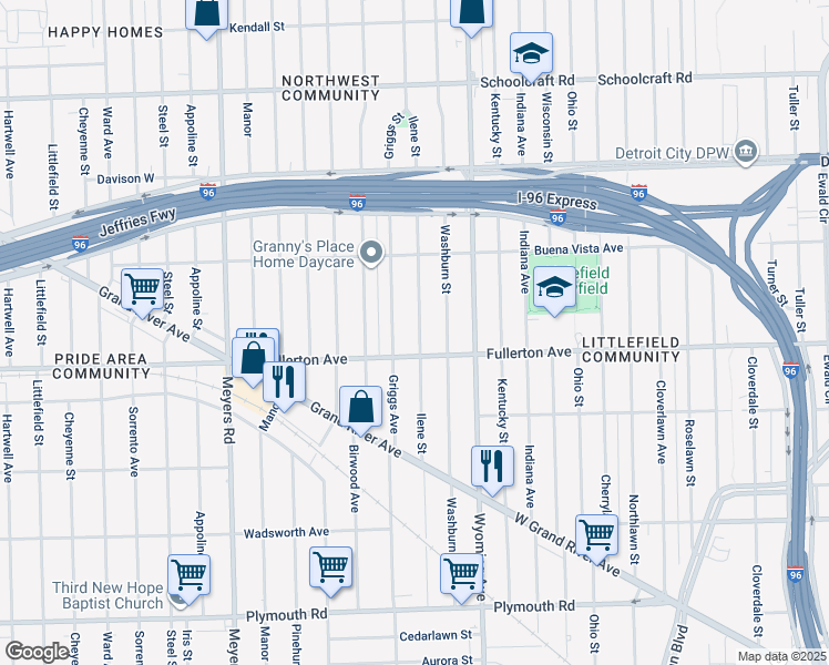 map of restaurants, bars, coffee shops, grocery stores, and more near 12611 Ilene Street in Detroit