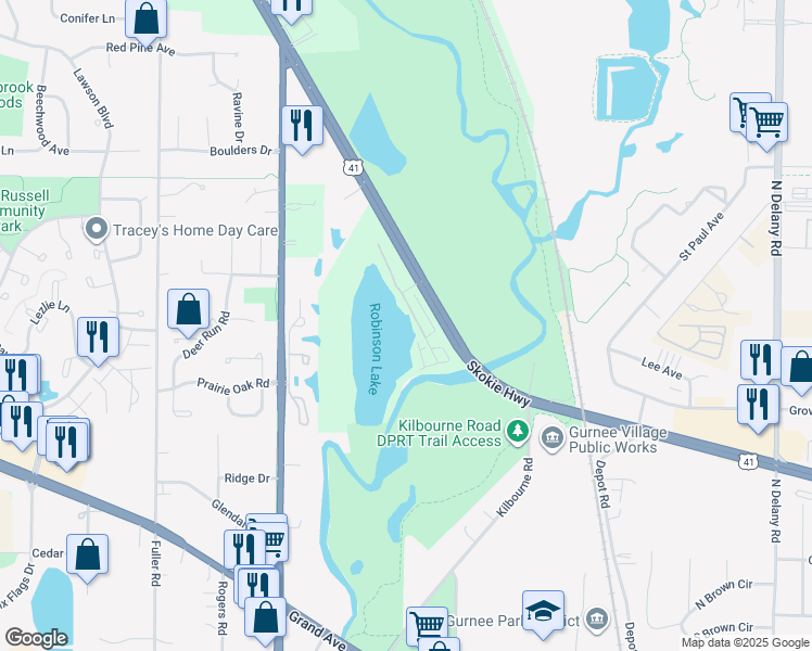 map of restaurants, bars, coffee shops, grocery stores, and more near 35730 North Skokie Highway in Gurnee