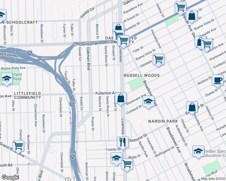 map of restaurants, bars, coffee shops, grocery stores, and more near 12421 Stoepel Street in Detroit