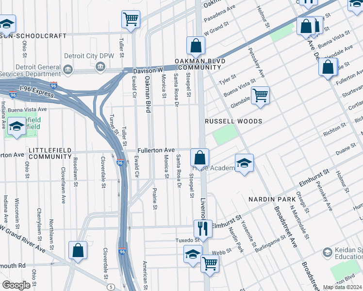 map of restaurants, bars, coffee shops, grocery stores, and more near 12608 Santa Rosa Drive in Detroit