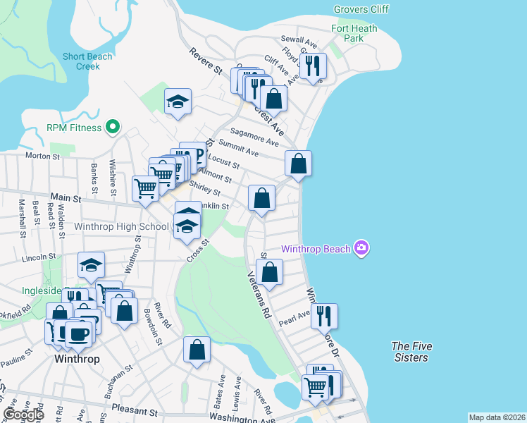 map of restaurants, bars, coffee shops, grocery stores, and more near 55 Veterans Road in Winthrop