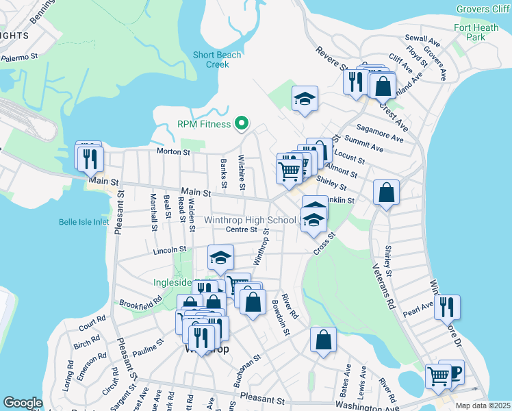 map of restaurants, bars, coffee shops, grocery stores, and more near 78 Atlantic Street in Winthrop