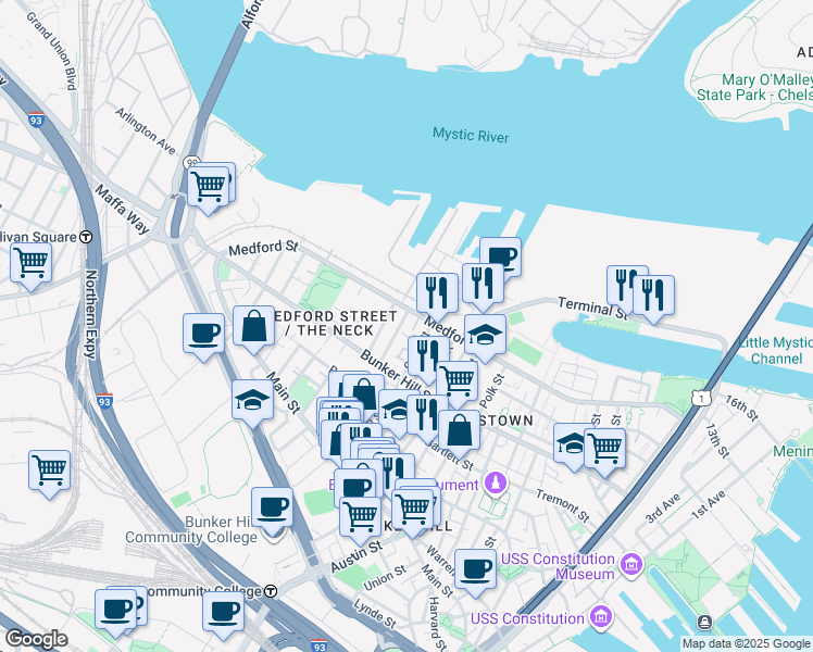 map of restaurants, bars, coffee shops, grocery stores, and more near 16 Hill Street in Boston