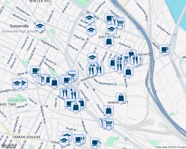 map of restaurants, bars, coffee shops, grocery stores, and more near in Somerville