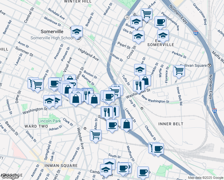 map of restaurants, bars, coffee shops, grocery stores, and more near 22 Boston Street in Somerville