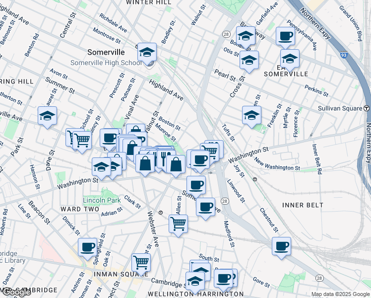 map of restaurants, bars, coffee shops, grocery stores, and more near 24 Prospect Hill Avenue in Somerville