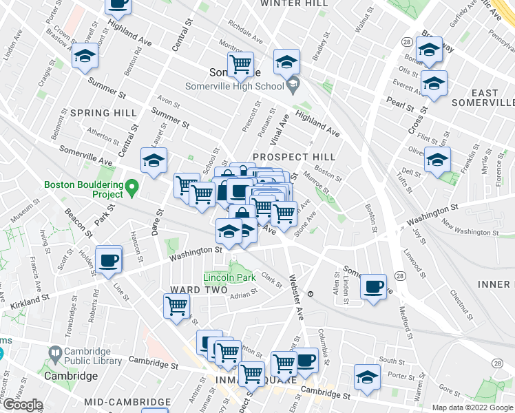 map of restaurants, bars, coffee shops, grocery stores, and more near 1 Bow Market Way in Somerville