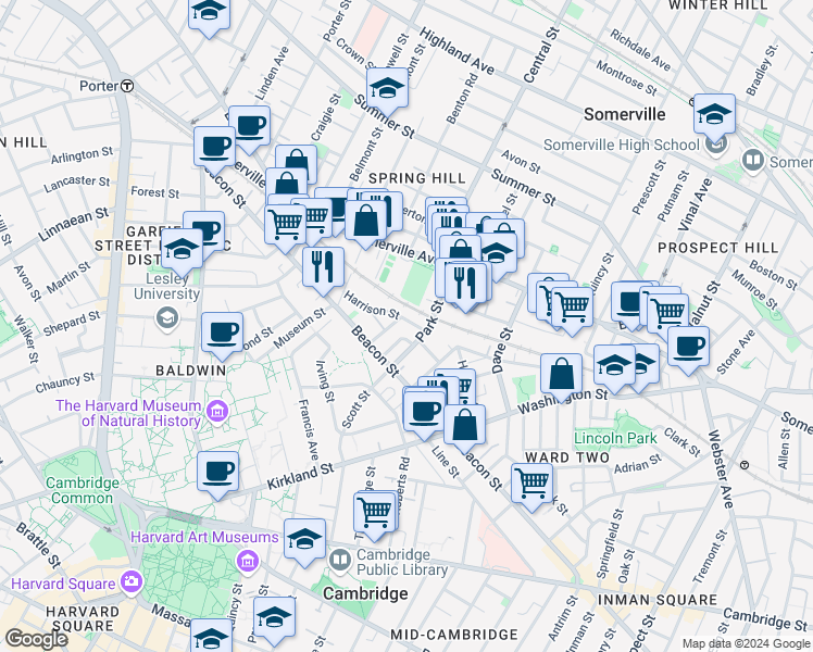 map of restaurants, bars, coffee shops, grocery stores, and more near 54 Park Street in Somerville