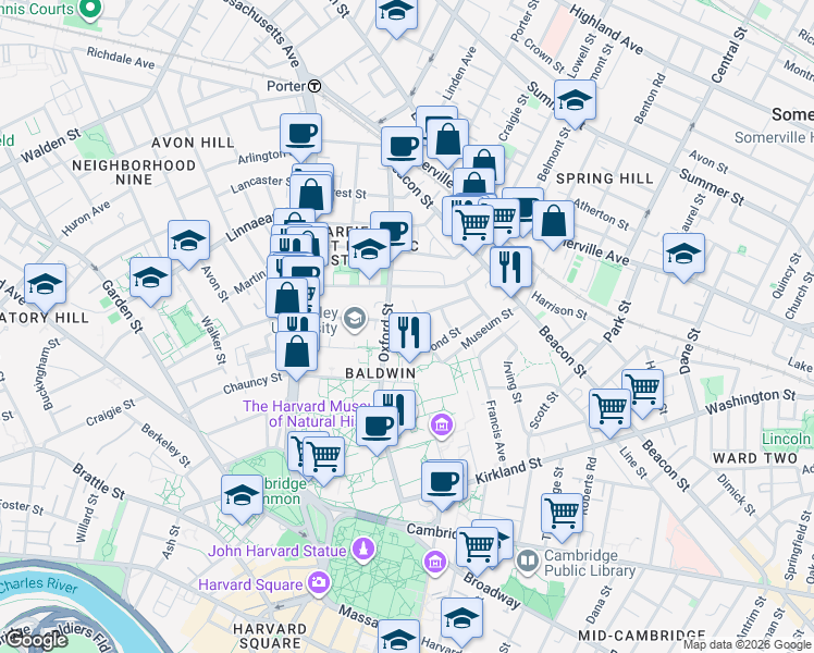 map of restaurants, bars, coffee shops, grocery stores, and more near 39 Hammond Street in Cambridge