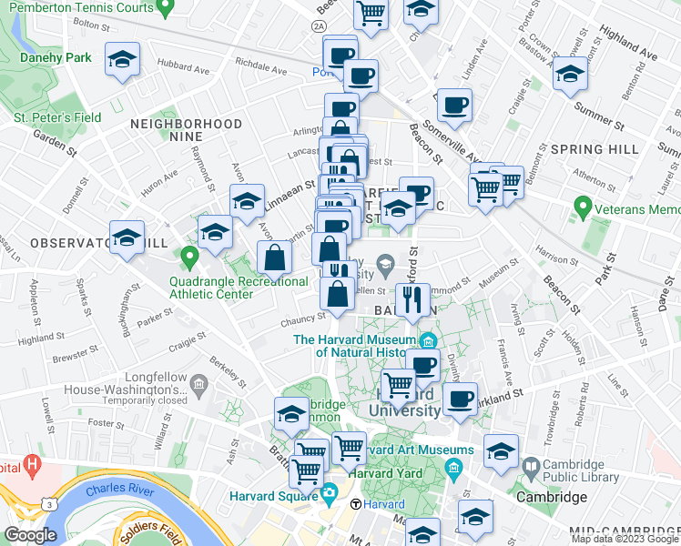 map of restaurants, bars, coffee shops, grocery stores, and more near 1637 Massachusetts Avenue in Cambridge