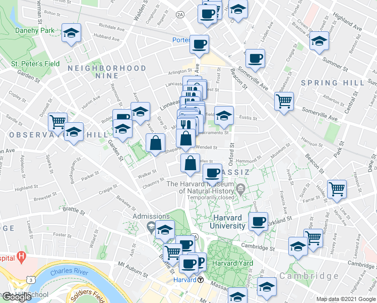 map of restaurants, bars, coffee shops, grocery stores, and more near 1637 Massachusetts Avenue in Cambridge