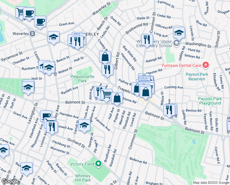 map of restaurants, bars, coffee shops, grocery stores, and more near 33 Barnard Road in Belmont