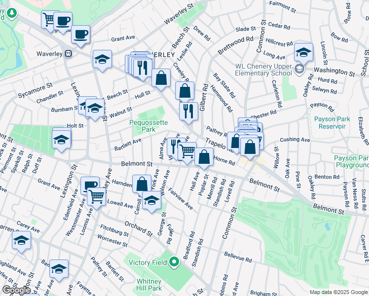 map of restaurants, bars, coffee shops, grocery stores, and more near 48 Harriet Avenue in Belmont