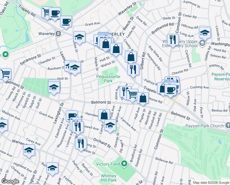 map of restaurants, bars, coffee shops, grocery stores, and more near 48 Alma Avenue in Belmont
