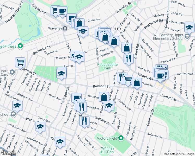 map of restaurants, bars, coffee shops, grocery stores, and more near 21-23 Jonathan Street in Belmont