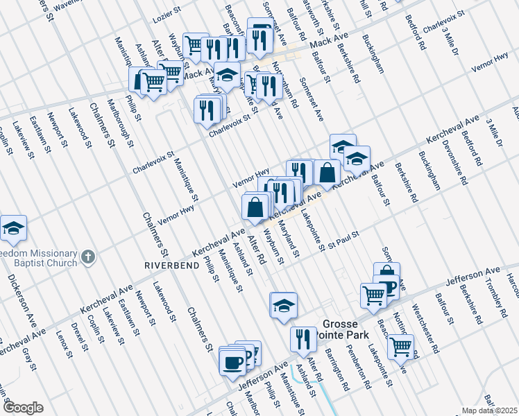 map of restaurants, bars, coffee shops, grocery stores, and more near 14945 Kercheval Avenue in Detroit