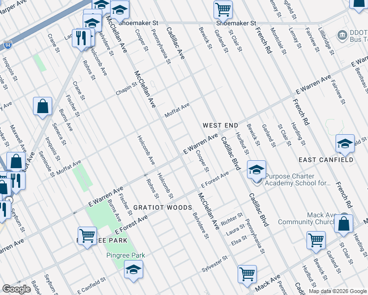 map of restaurants, bars, coffee shops, grocery stores, and more near 9336 East Warren Avenue in Detroit