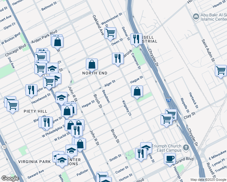 map of restaurants, bars, coffee shops, grocery stores, and more near 579 East Philadelphia Street in Detroit