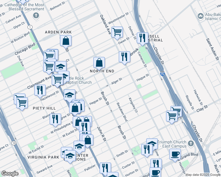 map of restaurants, bars, coffee shops, grocery stores, and more near 500 Hague Street in Detroit