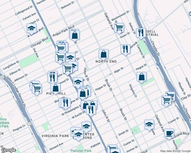 map of restaurants, bars, coffee shops, grocery stores, and more near 279 Alger Street in Detroit