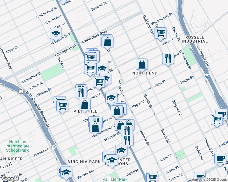 map of restaurants, bars, coffee shops, grocery stores, and more near 59 King Street in Detroit