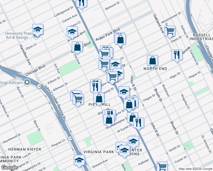 map of restaurants, bars, coffee shops, grocery stores, and more near 66 Hazelwood Street in Detroit