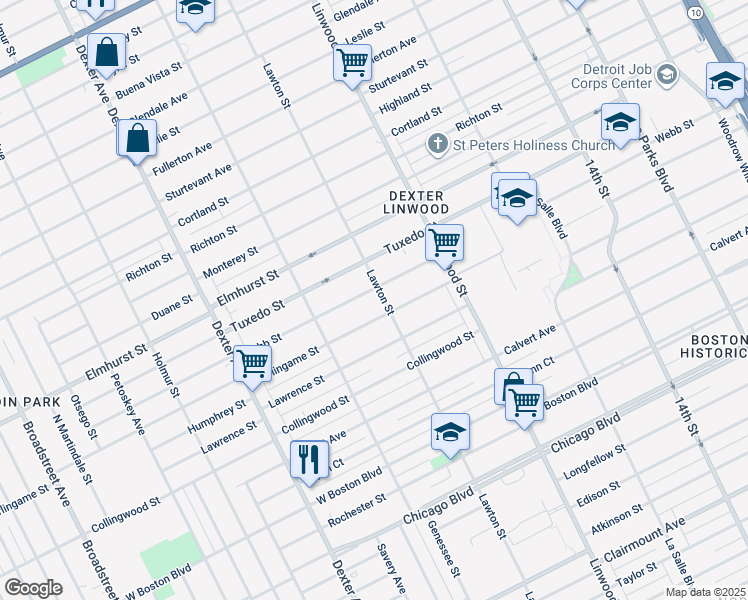 map of restaurants, bars, coffee shops, grocery stores, and more near 2930 Burlingame Street in Detroit