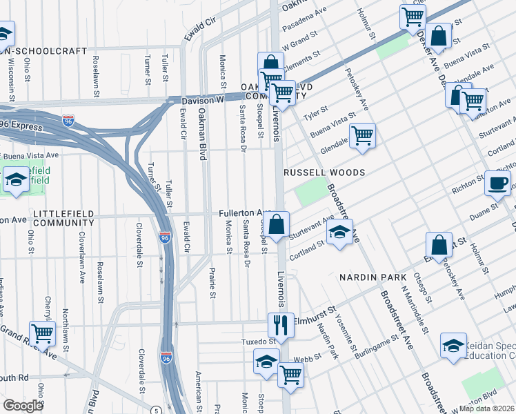 map of restaurants, bars, coffee shops, grocery stores, and more near 12421 Stoepel Street in Detroit