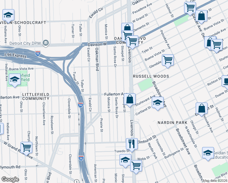 map of restaurants, bars, coffee shops, grocery stores, and more near 12420 Monica Street in Detroit