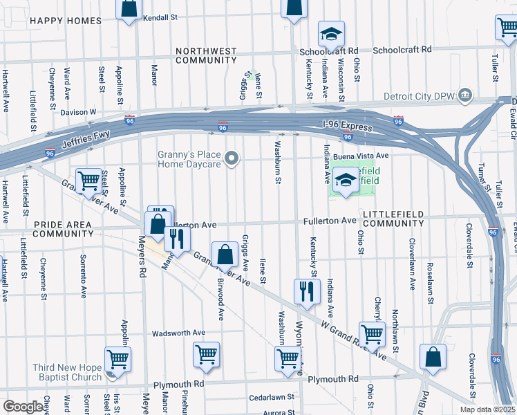 map of restaurants, bars, coffee shops, grocery stores, and more near 12611 Ilene Street in Detroit