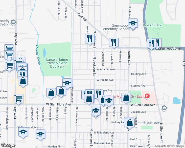 map of restaurants, bars, coffee shops, grocery stores, and more near 1509 North Jackson Street in Waukegan
