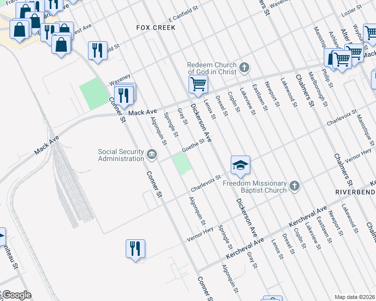 map of restaurants, bars, coffee shops, grocery stores, and more near 3036 Springle Street in Detroit