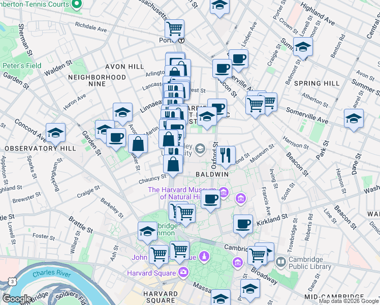 map of restaurants, bars, coffee shops, grocery stores, and more near 16 Wendell Street in Cambridge