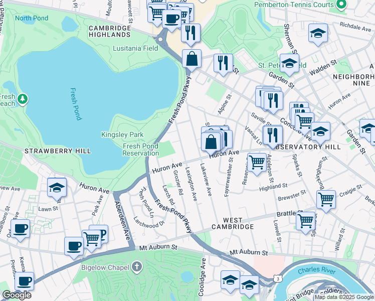 map of restaurants, bars, coffee shops, grocery stores, and more near in Cambridge