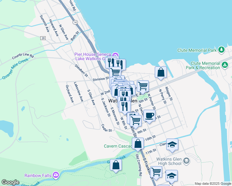 map of restaurants, bars, coffee shops, grocery stores, and more near 213 North Franklin Street in Watkins Glen