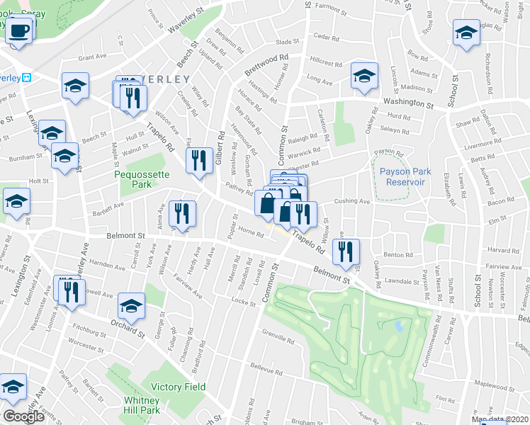 map of restaurants, bars, coffee shops, grocery stores, and more near 139 Trapelo Road in Belmont