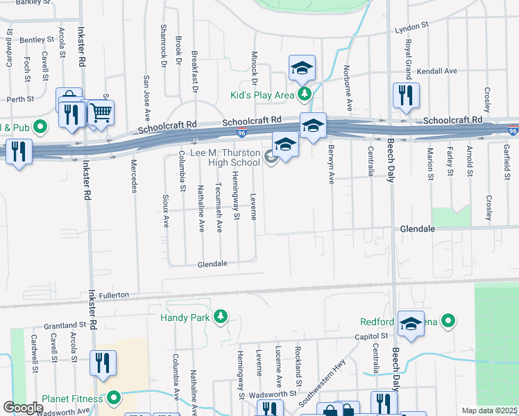 map of restaurants, bars, coffee shops, grocery stores, and more near 12859 Leverne in Redford Charter Township