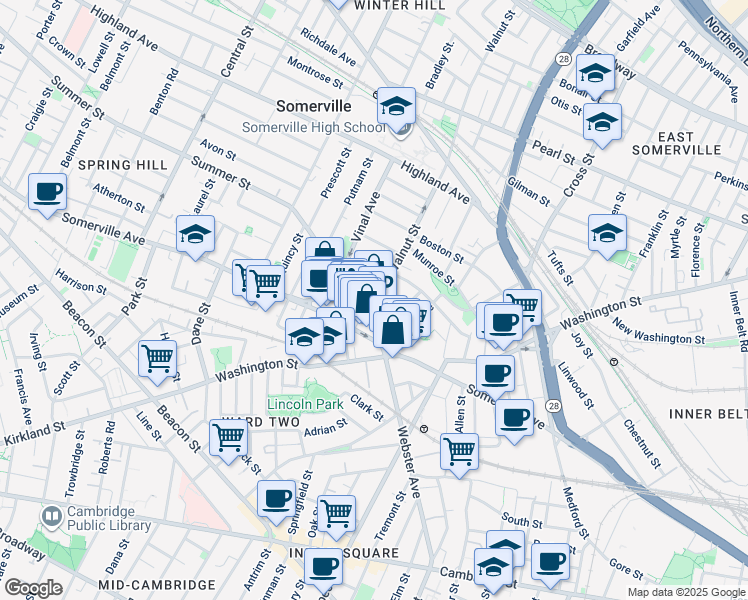 map of restaurants, bars, coffee shops, grocery stores, and more near 8 Walnut Street in Somerville
