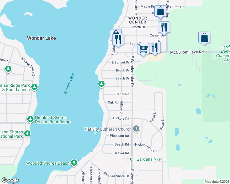 map of restaurants, bars, coffee shops, grocery stores, and more near 7701 Cedar Road in Wonder Lake
