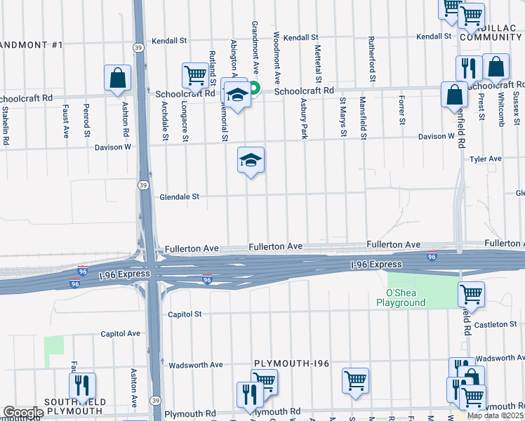 map of restaurants, bars, coffee shops, grocery stores, and more near 12711 Grandmont Avenue in Detroit