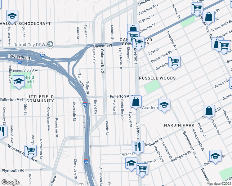 map of restaurants, bars, coffee shops, grocery stores, and more near 12616 Monica Street in Detroit