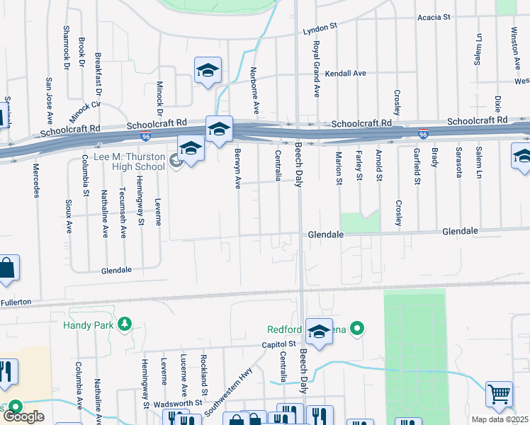 map of restaurants, bars, coffee shops, grocery stores, and more near 12833 Norborne in Redford Charter Township