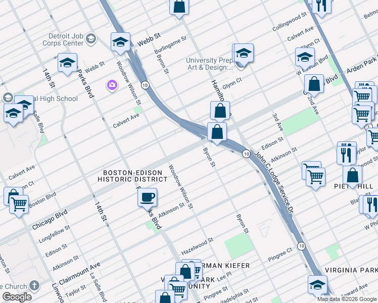 map of restaurants, bars, coffee shops, grocery stores, and more near 1472 Longfellow Street in Detroit