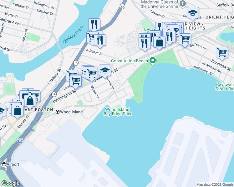 map of restaurants, bars, coffee shops, grocery stores, and more near 198 Byron Street in Boston