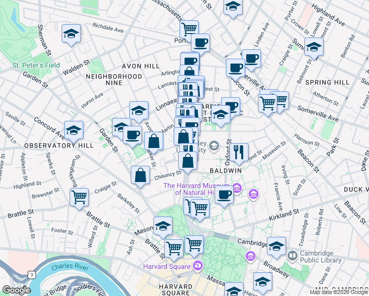 map of restaurants, bars, coffee shops, grocery stores, and more near 1654 Massachusetts Ave in Mid-Cambridge