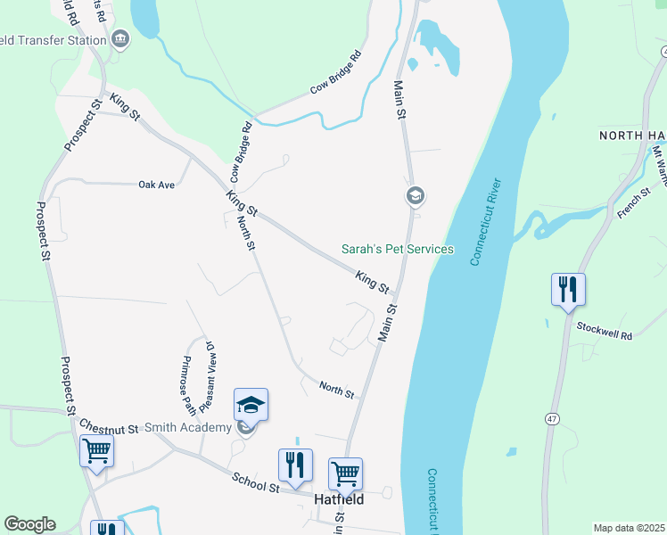 map of restaurants, bars, coffee shops, grocery stores, and more near 11 King Street in Hatfield