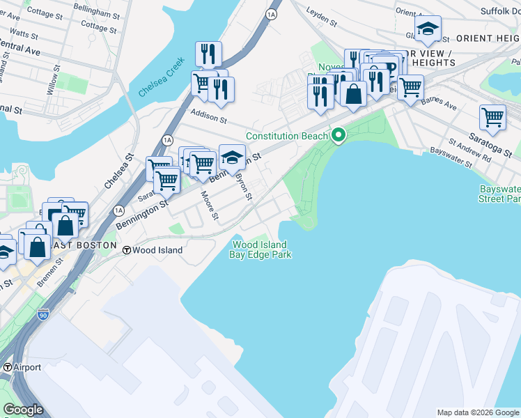 map of restaurants, bars, coffee shops, grocery stores, and more near 198 Byron Street in Boston