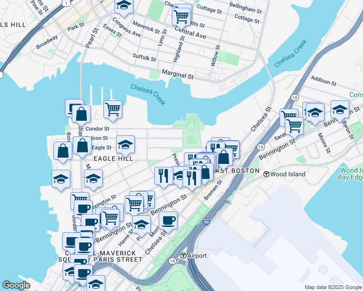 map of restaurants, bars, coffee shops, grocery stores, and more near 217 Trenton Street in Boston
